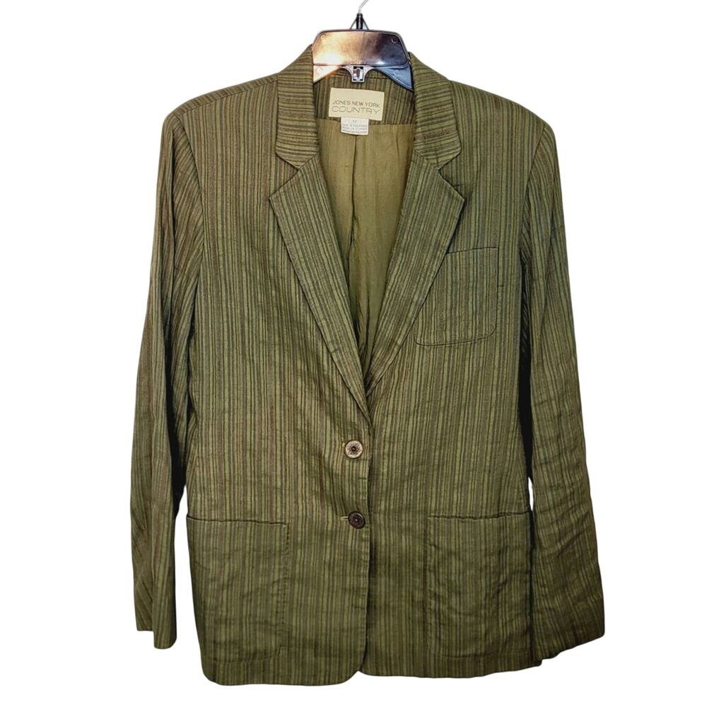 Vintage Jones New York Country Linen Blend Green Textured Striped Blazer Size 12